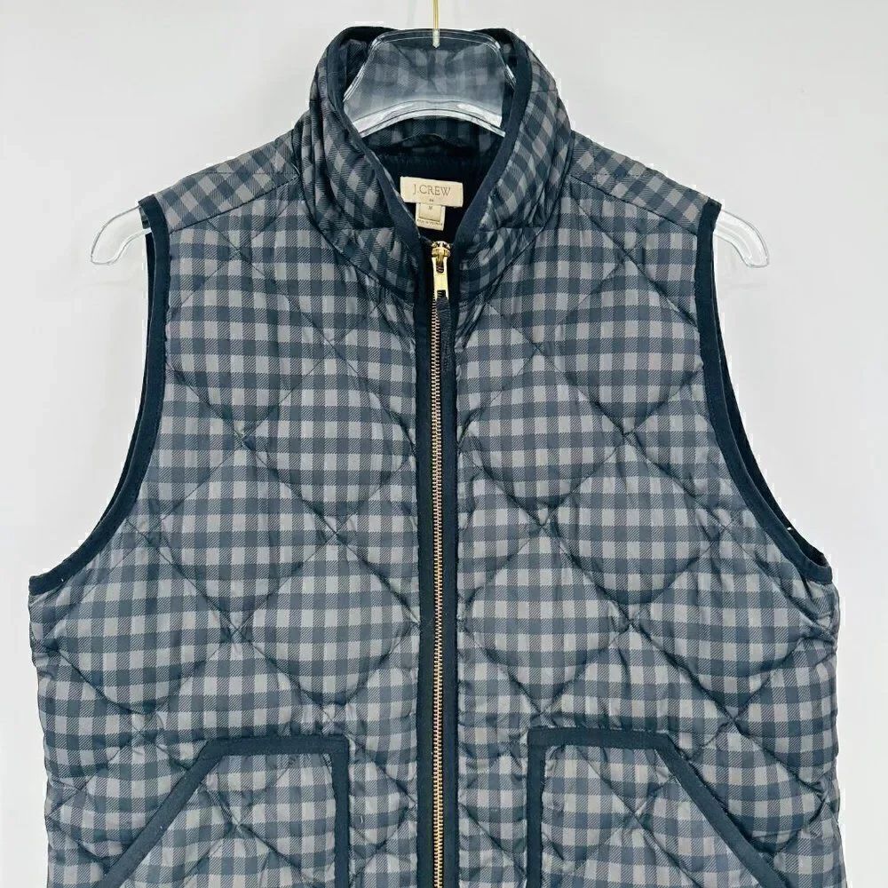 J. Crew Size Medium Black & Gray Plaid Quilted Puffer Vest Zip Up - Picture 2 of 7